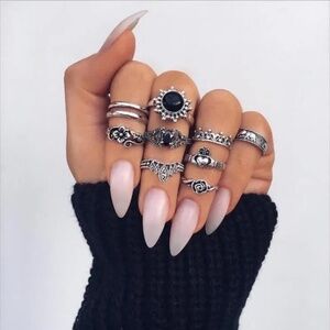 *HALLE* 10-Pc Silver x Black Gem Fashion Ring Set